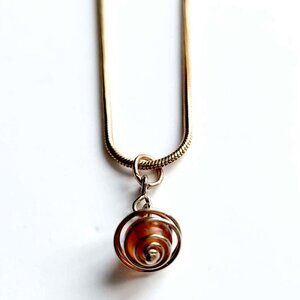 Gold-Tone Snake Chain Necklace With A Wire-Wrapped Spiral Amber Bead Pendant
